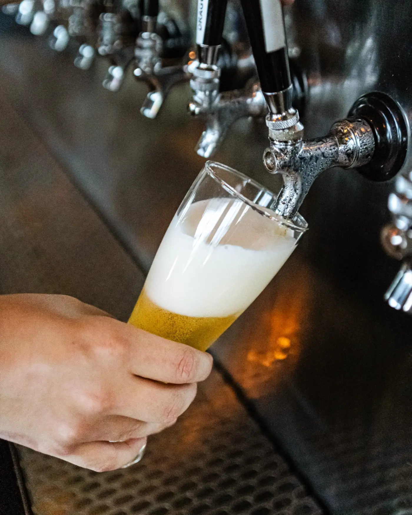 A hand pouring a pale beer into a pilsner glass at Celebration Brewing Co.'s chrome tap line.