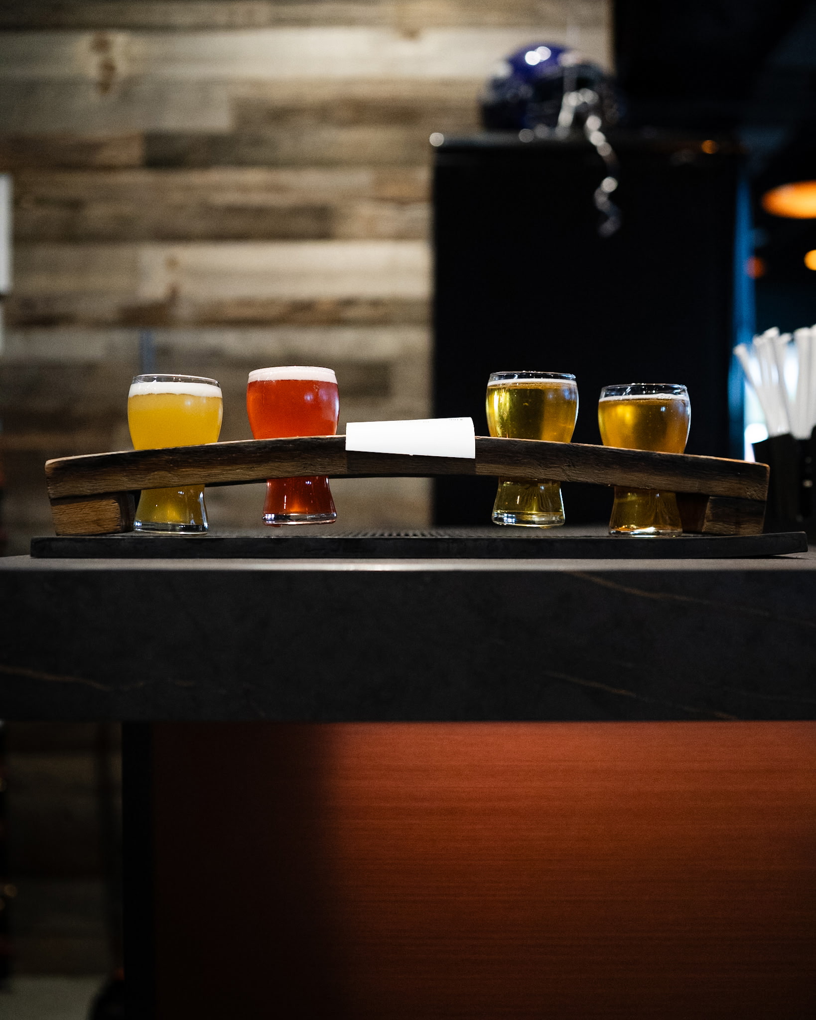 Pints lined up on the bar at Celebration Brewing Co.